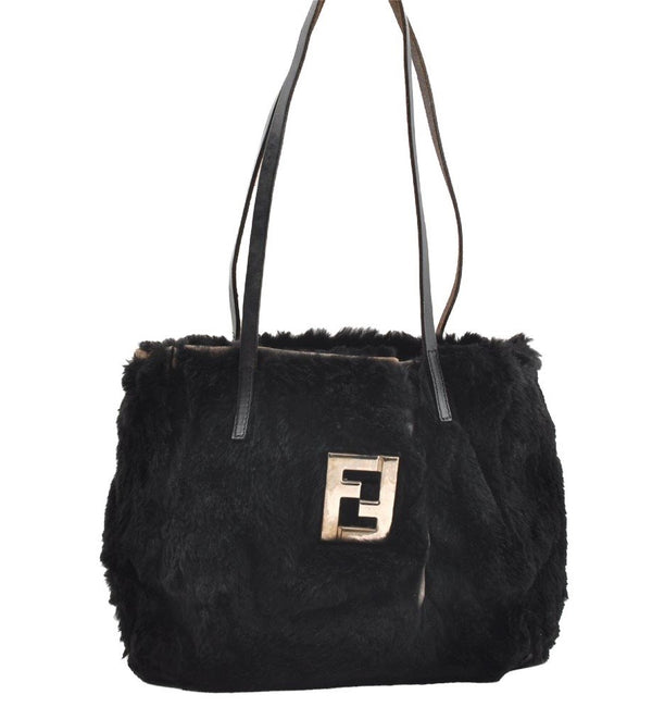 Authentic FENDI Vintage Shoulder Tote Bag Purse Fur Leather Black 5068I