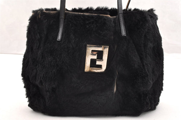 Authentic FENDI Vintage Shoulder Tote Bag Purse Fur Leather Black 5068I