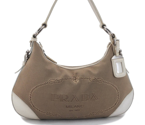 Authentic PRADA Canvas Leather Shoulder Hand Bag Purse Beige 5086D