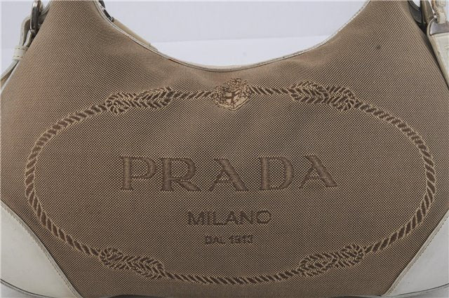 Authentic PRADA Canvas Leather Shoulder Hand Bag Purse Beige 5086D