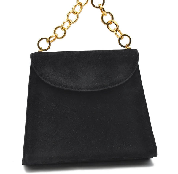 Authentic Salvatore Ferragamo Chain Hand Bag Purse Suede Black SF 5088D