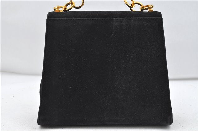 Authentic Salvatore Ferragamo Chain Hand Bag Purse Suede Black SF 5088D