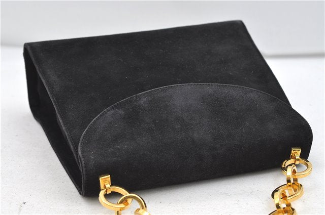 Authentic Salvatore Ferragamo Chain Hand Bag Purse Suede Black SF 5088D