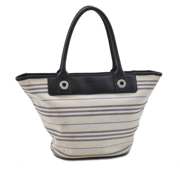 Authentic BURBERRY Stripe Canvas Leather Shoulder Hand Bag Ivory Navy 5090D