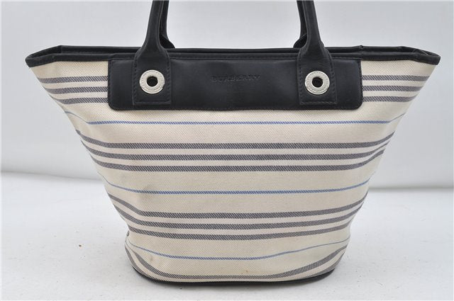 Authentic BURBERRY Stripe Canvas Leather Shoulder Hand Bag Ivory Navy 5090D