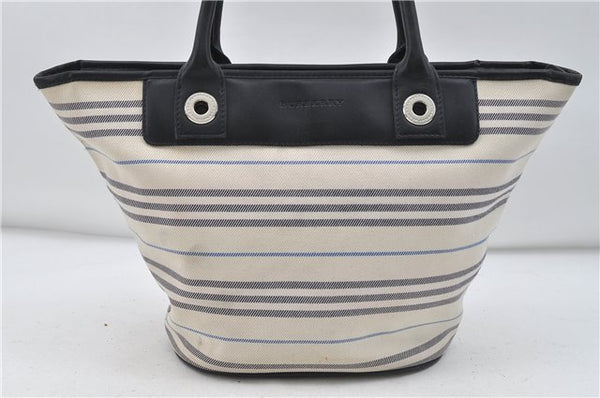 Authentic BURBERRY Stripe Canvas Leather Shoulder Hand Bag Ivory Navy 5090D