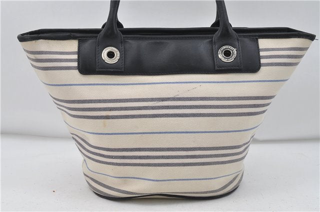 Authentic BURBERRY Stripe Canvas Leather Shoulder Hand Bag Ivory Navy 5090D