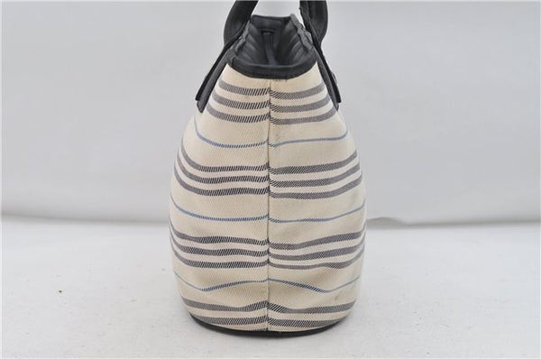 Authentic BURBERRY Stripe Canvas Leather Shoulder Hand Bag Ivory Navy 5090D