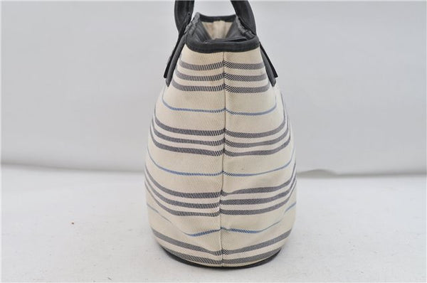 Authentic BURBERRY Stripe Canvas Leather Shoulder Hand Bag Ivory Navy 5090D