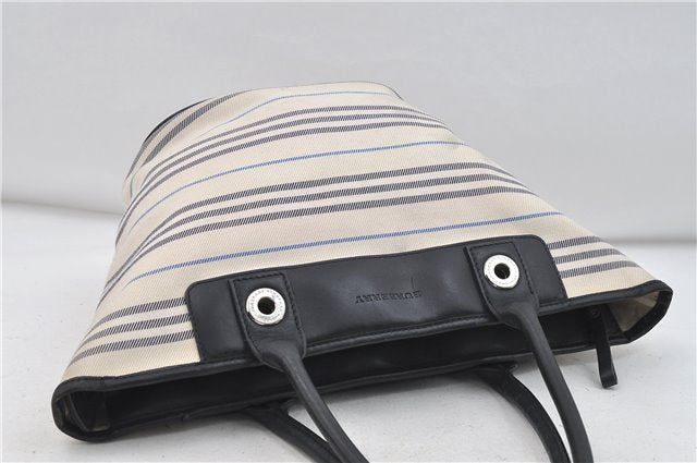 Authentic BURBERRY Stripe Canvas Leather Shoulder Hand Bag Ivory Navy 5090D
