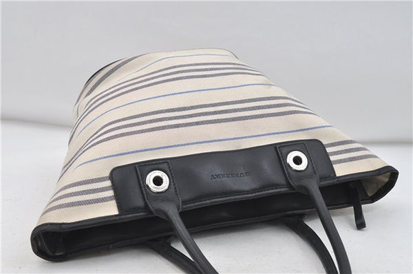 Authentic BURBERRY Stripe Canvas Leather Shoulder Hand Bag Ivory Navy 5090D