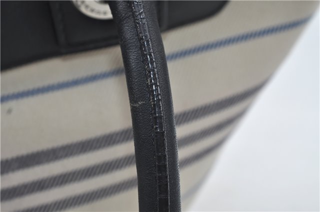 Authentic BURBERRY Stripe Canvas Leather Shoulder Hand Bag Ivory Navy 5090D