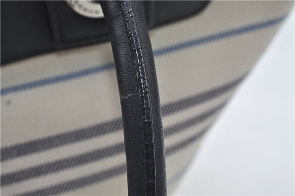 Authentic BURBERRY Stripe Canvas Leather Shoulder Hand Bag Ivory Navy 5090D