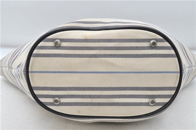 Authentic BURBERRY Stripe Canvas Leather Shoulder Hand Bag Ivory Navy 5090D