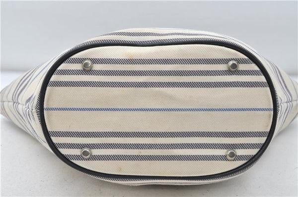 Authentic BURBERRY Stripe Canvas Leather Shoulder Hand Bag Ivory Navy 5090D