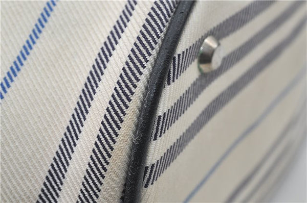 Authentic BURBERRY Stripe Canvas Leather Shoulder Hand Bag Ivory Navy 5090D