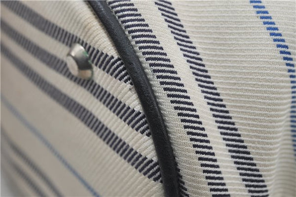 Authentic BURBERRY Stripe Canvas Leather Shoulder Hand Bag Ivory Navy 5090D