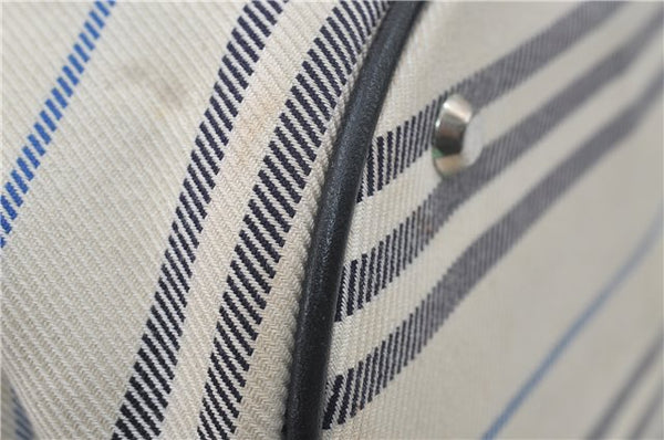 Authentic BURBERRY Stripe Canvas Leather Shoulder Hand Bag Ivory Navy 5090D