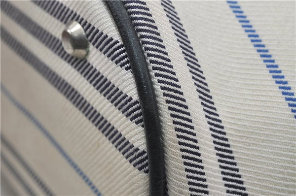 Authentic BURBERRY Stripe Canvas Leather Shoulder Hand Bag Ivory Navy 5090D