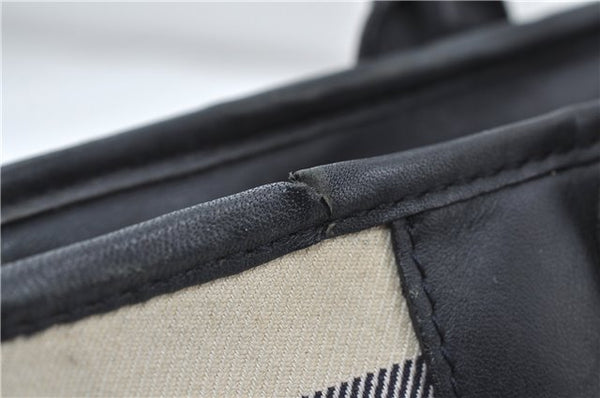 Authentic BURBERRY Stripe Canvas Leather Shoulder Hand Bag Ivory Navy 5090D