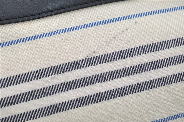 Authentic BURBERRY Stripe Canvas Leather Shoulder Hand Bag Ivory Navy 5090D