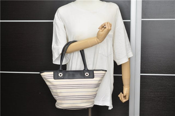 Authentic BURBERRY Stripe Canvas Leather Shoulder Hand Bag Ivory Navy 5090D