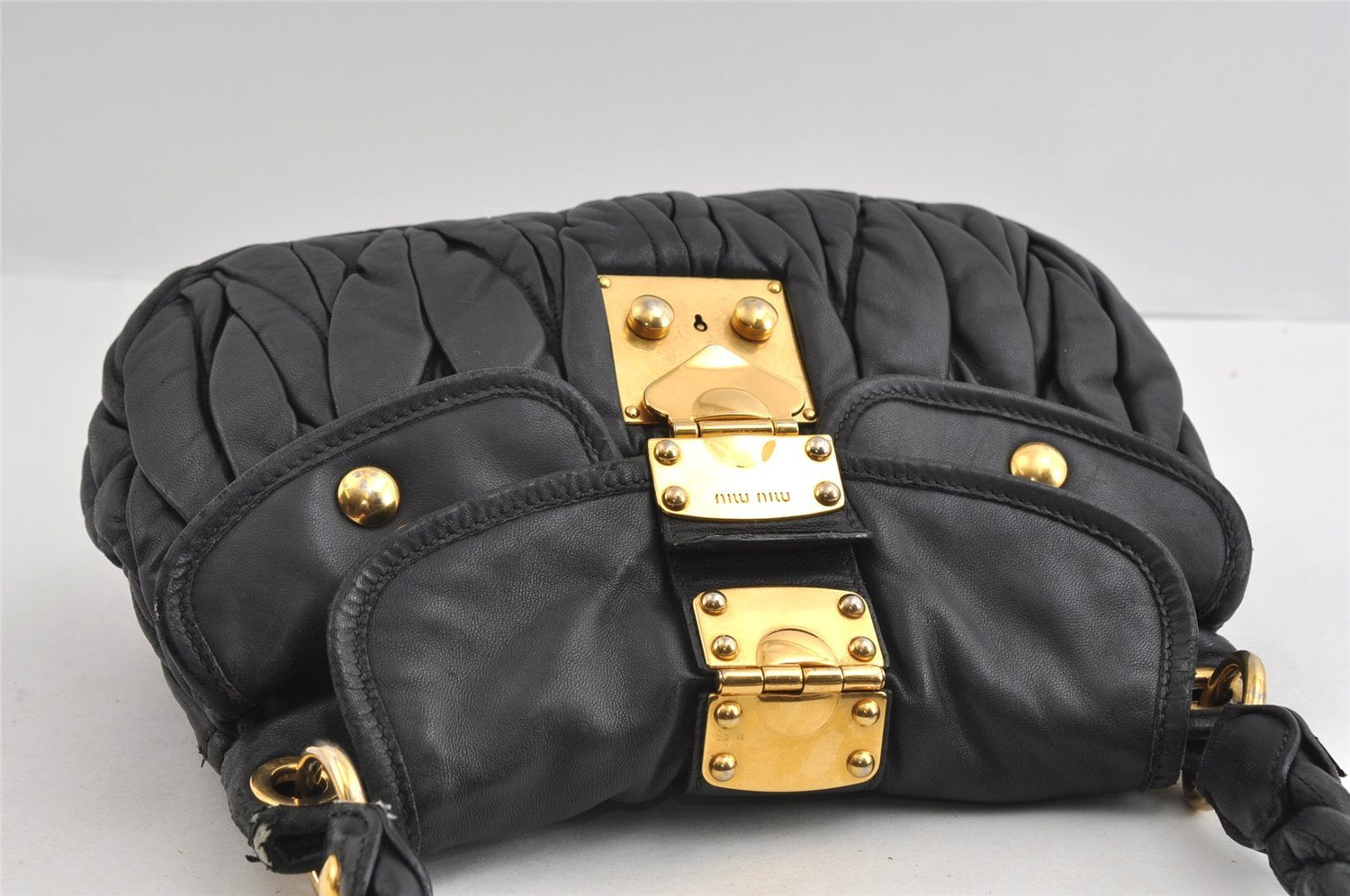 Authentic MIU MIU Matelasse Leather 2Way Shoulder Hand Bag Purse Black 5094I