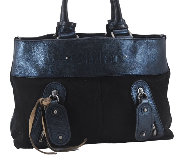 Authentic Chloe Logo Shoulder Tote Bag Canvas Leather Black Blue 5104D