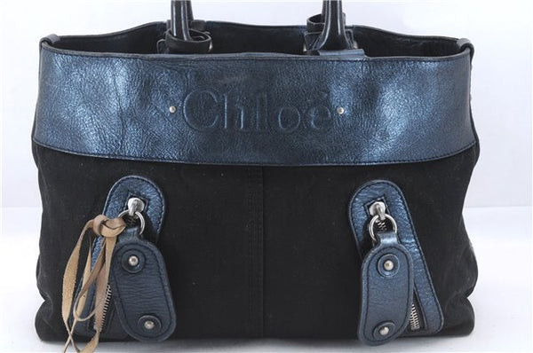 Authentic Chloe Logo Shoulder Tote Bag Canvas Leather Black Blue 5104D