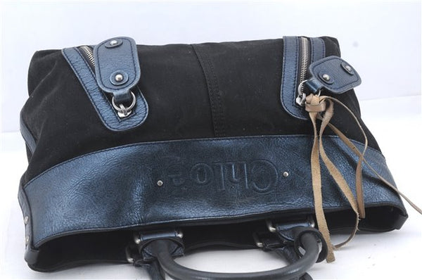 Authentic Chloe Logo Shoulder Tote Bag Canvas Leather Black Blue 5104D