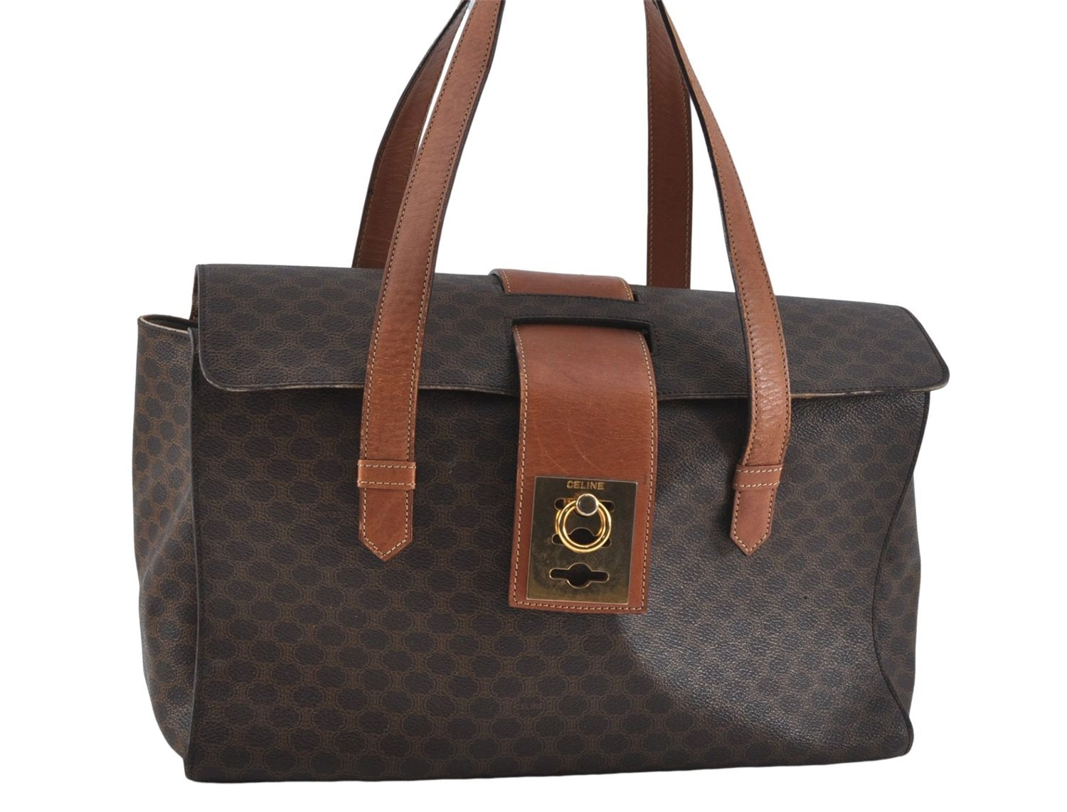 Authentic CELINE Macadam Blason Pattern Hand Bag Purse PVC Leather Brown 5111C