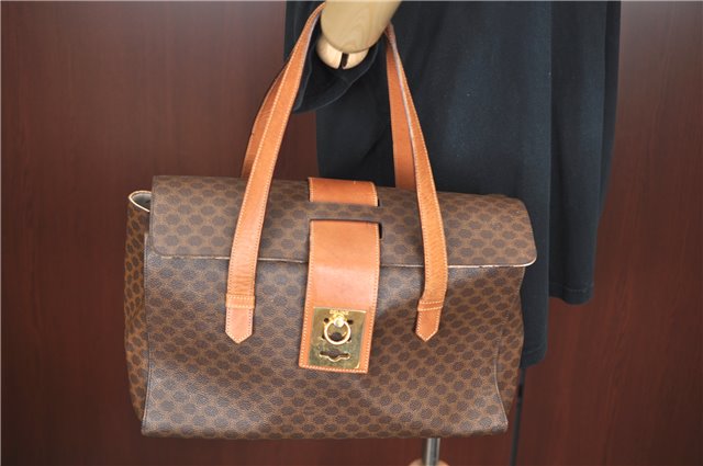 Authentic CELINE Macadam Blason Pattern Hand Bag Purse PVC Leather Brown 5111C