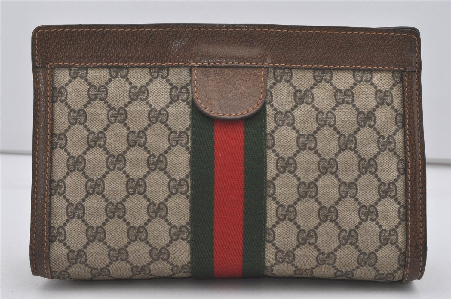 Authentic GUCCI Web Sherry Line Clutch Hand Bag Purse GG PVC Leather Brown 5124I