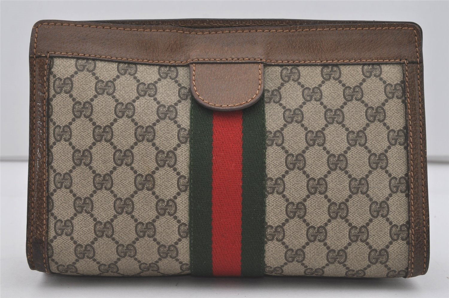 Authentic GUCCI Web Sherry Line Clutch Hand Bag Purse GG PVC Leather Brown 5124I