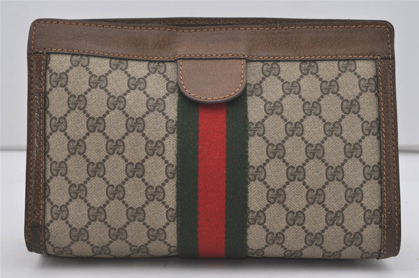 Authentic GUCCI Web Sherry Line Clutch Hand Bag Purse GG PVC Leather Brown 5124I