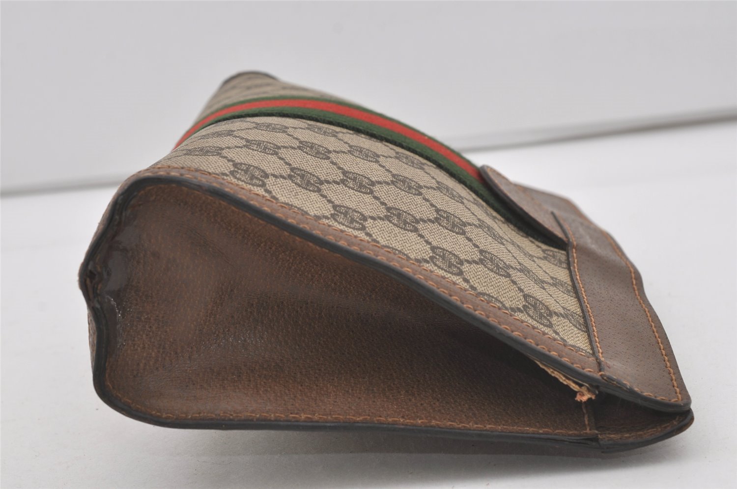 Authentic GUCCI Web Sherry Line Clutch Hand Bag Purse GG PVC Leather Brown 5124I