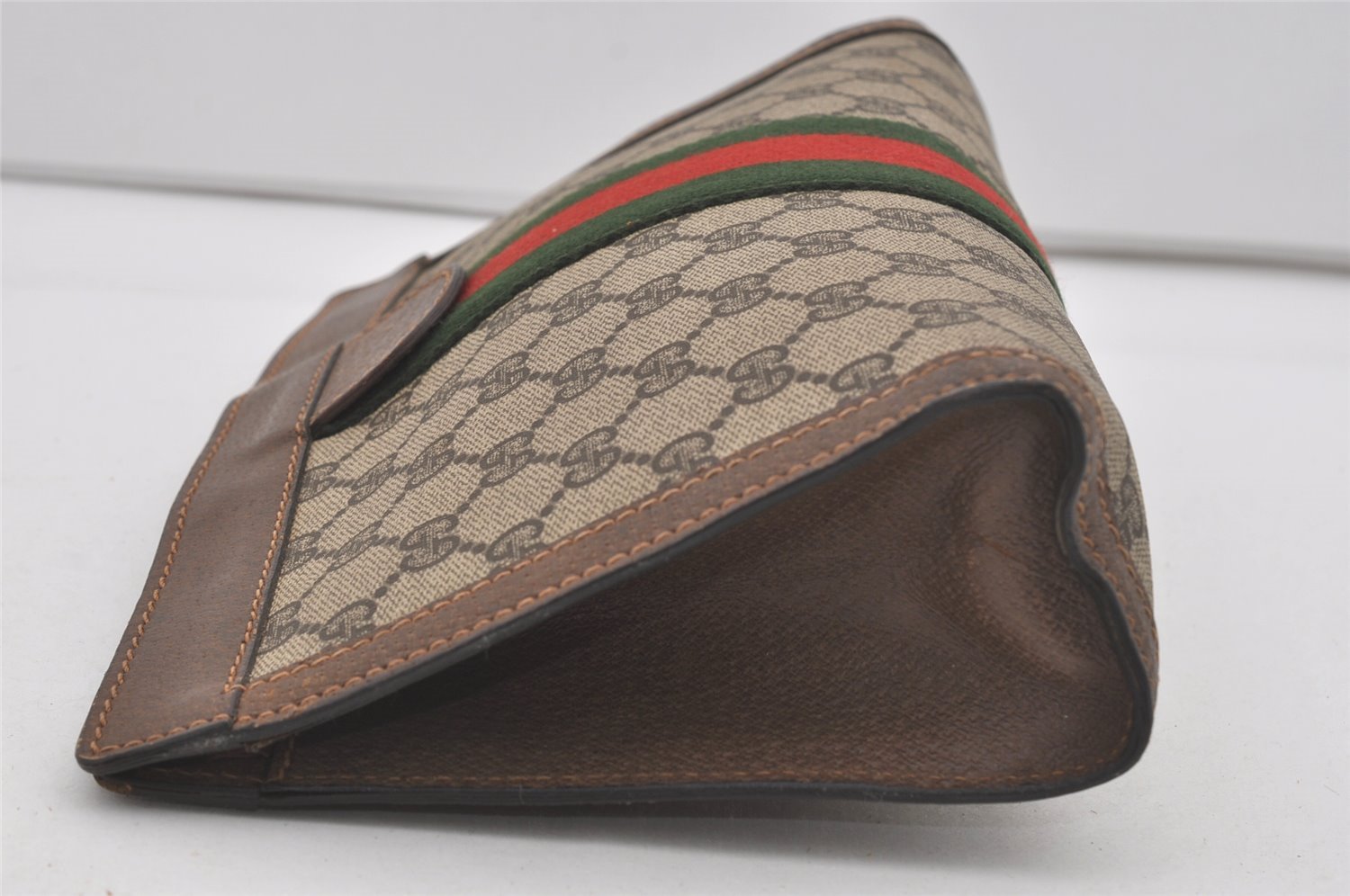 Authentic GUCCI Web Sherry Line Clutch Hand Bag Purse GG PVC Leather Brown 5124I