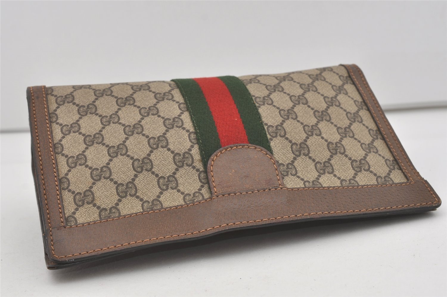 Authentic GUCCI Web Sherry Line Clutch Hand Bag Purse GG PVC Leather Brown 5124I
