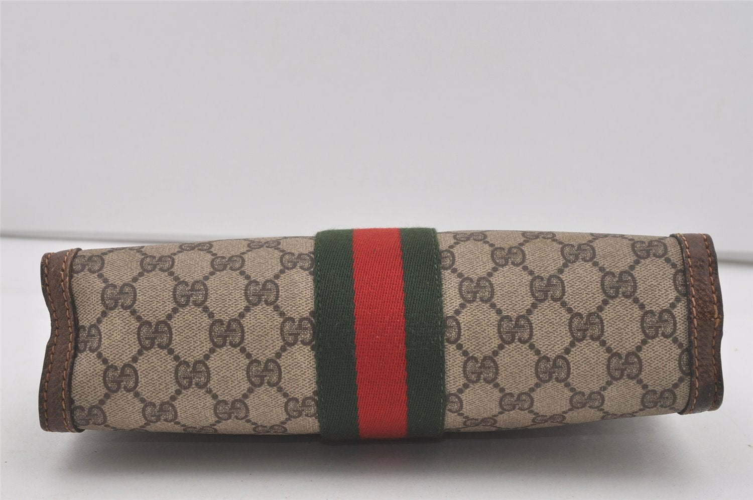 Authentic GUCCI Web Sherry Line Clutch Hand Bag Purse GG PVC Leather Brown 5124I