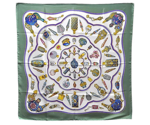 Authentic HERMES Carre 90 Scarf "Qu'Importe Le Flacon" Silk Green 5133E