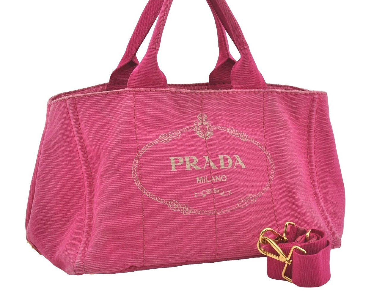 Authentic PRADA Canapa M Canvas 2Way Shoulder Crossbody Tote Hand Bag Pink 5133I