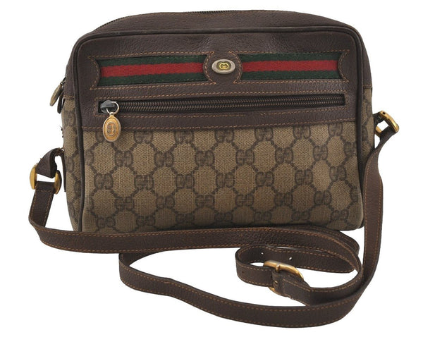 Authentic GUCCI Web Sherry Line Shoulder Cross Bag GG PVC Leather Brown 5154I