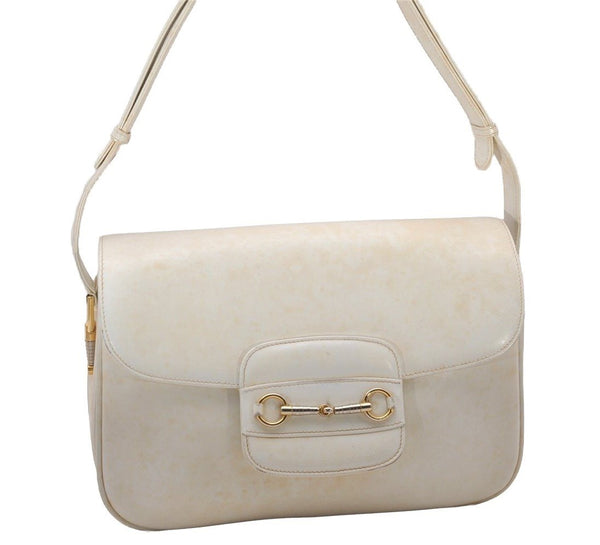 Authentic GUCCI Vintage Horsebit Shoulder Hand Bag Purse Leather White 5166I