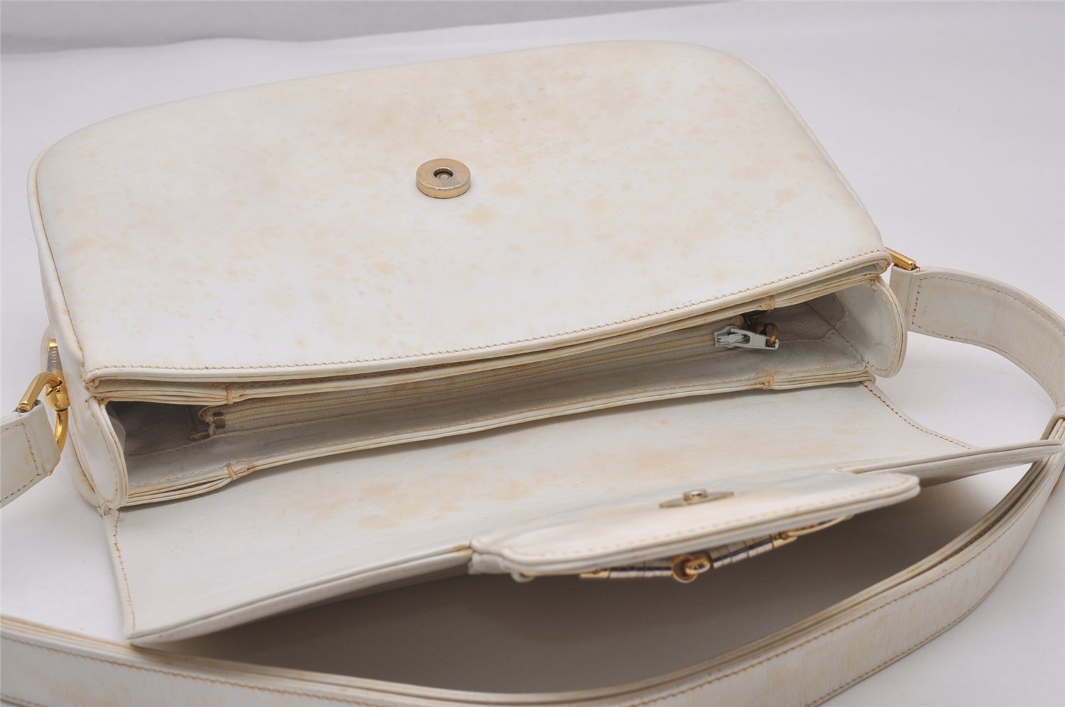 Authentic GUCCI Vintage Horsebit Shoulder Hand Bag Purse Leather White 5166I