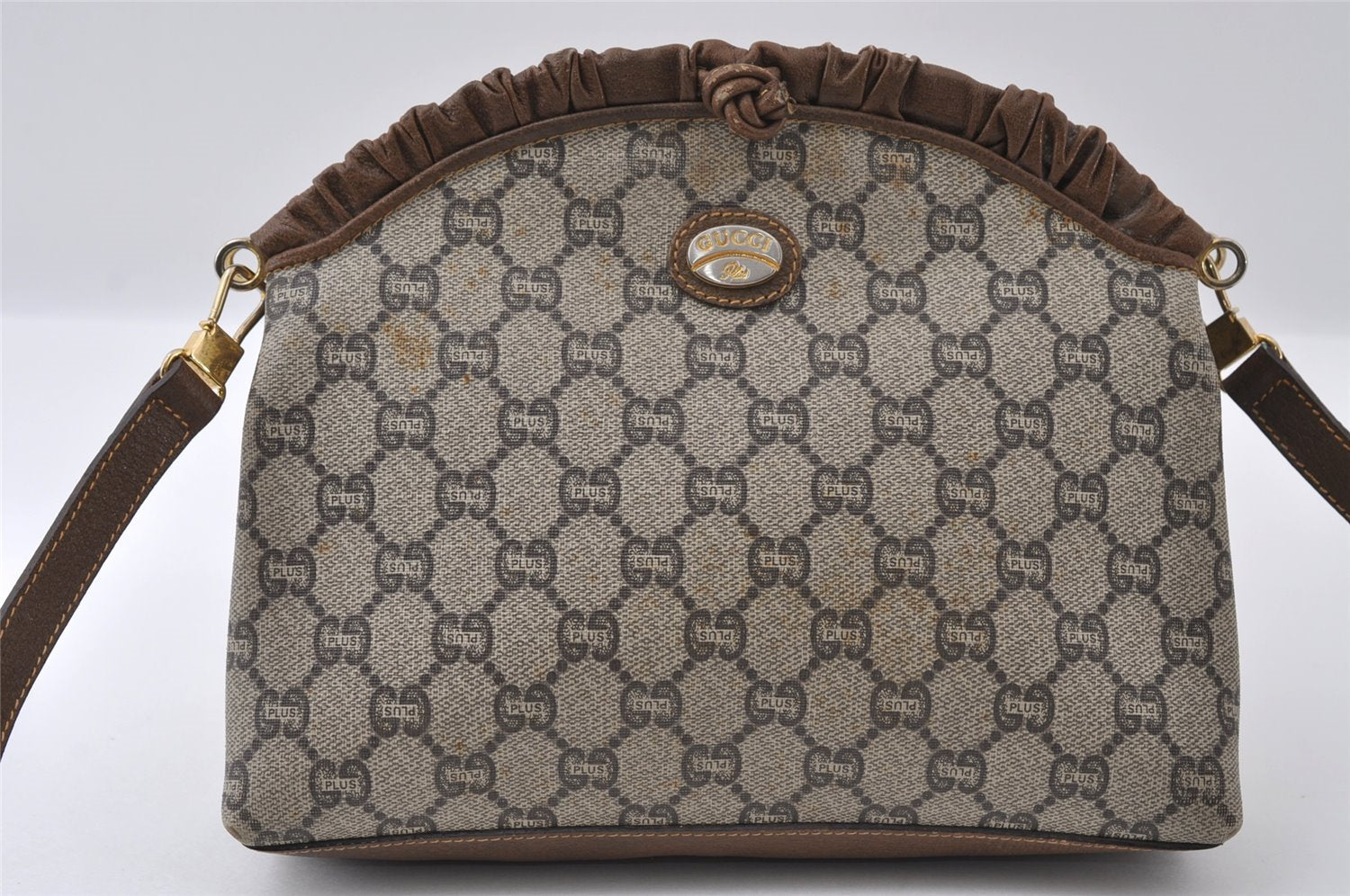Authentic GUCCI GG Plus Shoulder Cross Body Bag GG PVC Leather Brown Junk 5171I