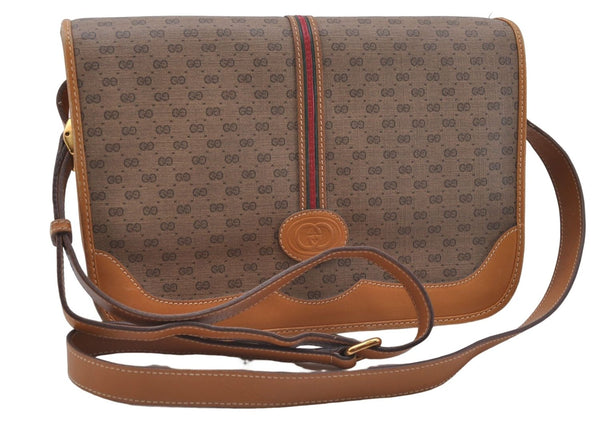 Auth GUCCI Web Sherry Line Micro GG Shoulder Cross Bag PVC Leather Brown 5174D