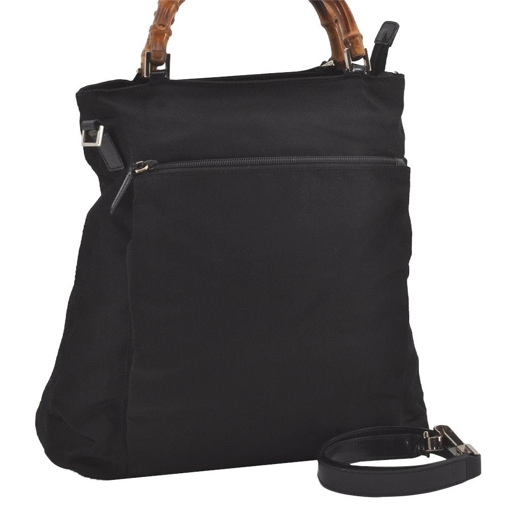 Authentic GUCCI Vintage Bamboo 2Way Hand Shoulder Bag Nylon Leather Black 5176I