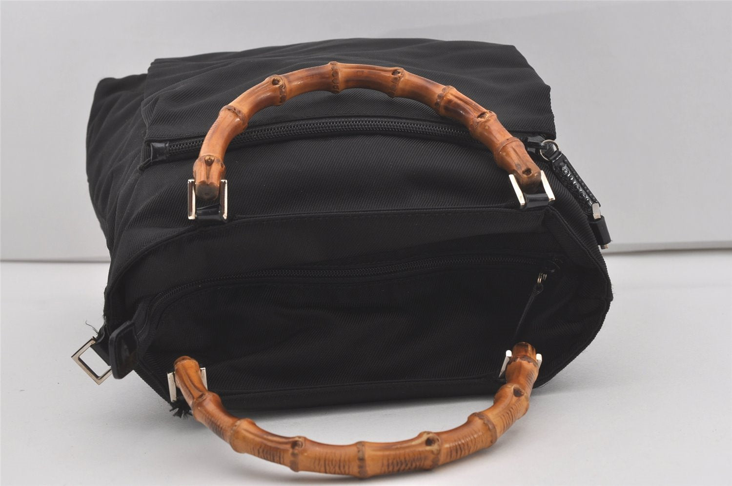Authentic GUCCI Vintage Bamboo 2Way Hand Shoulder Bag Nylon Leather Black 5176I