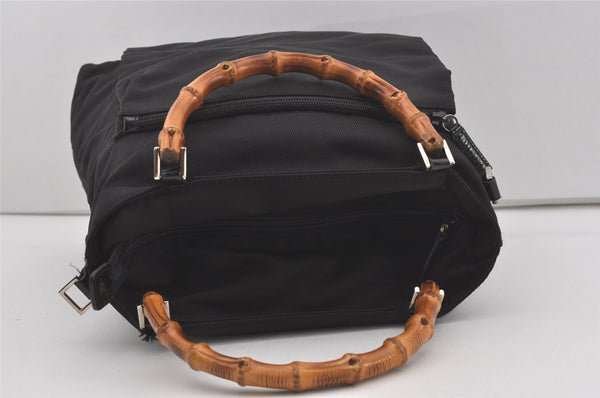 Authentic GUCCI Vintage Bamboo 2Way Hand Shoulder Bag Nylon Leather Black 5176I