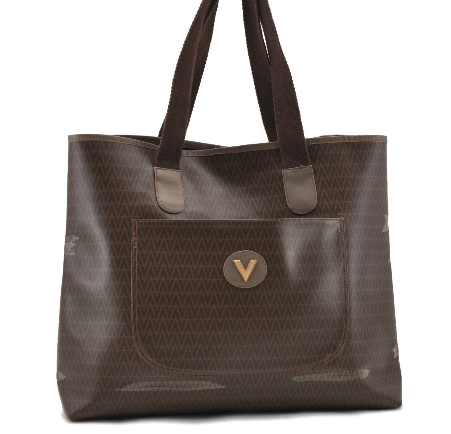 Authentic VALENTINO V Logo Shoulder Tote Bag PVC Leather Brown 5181C